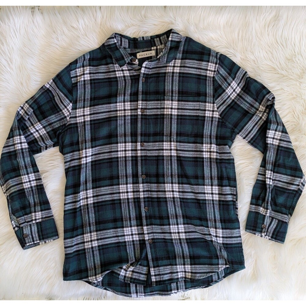 PacSun Mens Flannel Large Green Plaid Button Up Long Sleeve Casual Grunge Skater